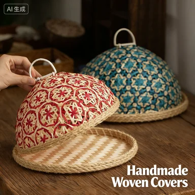 Handmade rattan fruit tray,bread basket,round with lid,insect proof dining table cover,fruit leftovers, rice leftovers, umbrella