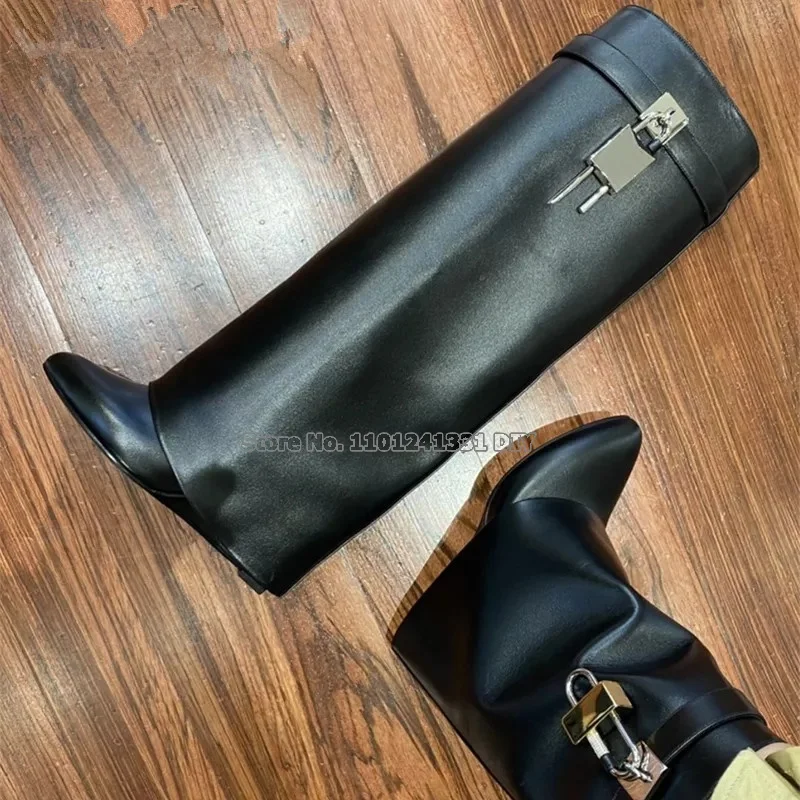 Real Leather Shark Lock Fold Overlay Knee High Wedge Heeled Boots Women Padlock Wedged High Heel Pointed Toe Boot Mujer