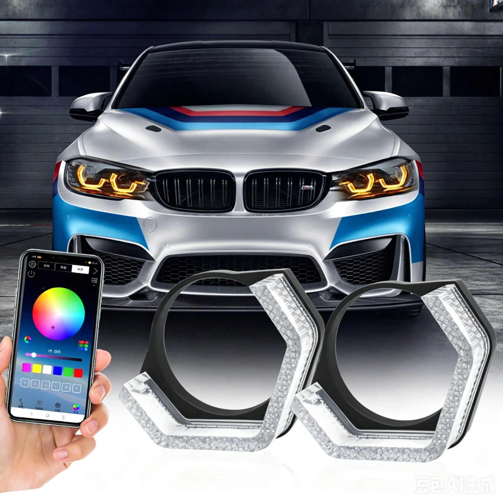 

2.5/3" 5D Crystal WRGB LED Angel Eyes Halo Rings Rectangular DRL Covers With Turn Signal Light App Control For Car Headlight