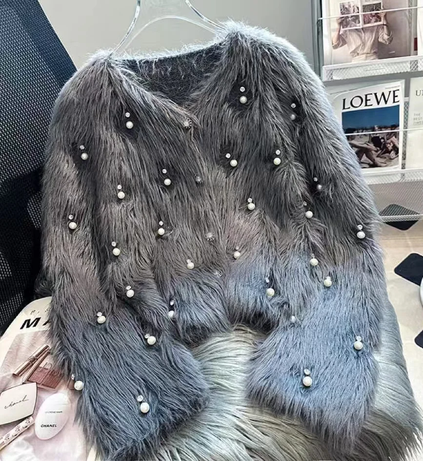 New In Autumn Diamonds Pearls Stitch Faux Fur Knitwear Coat Women\'s Imitation Mink Fleece Buttons Up Knitted Cardigan Sweater