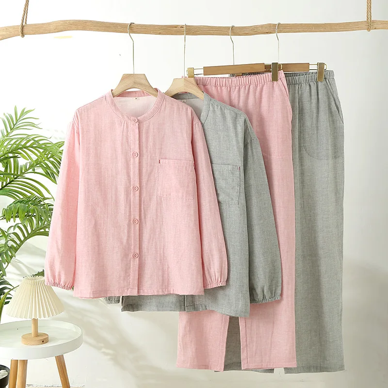 Unisex Japanese Pajama Set for Couple 100% Double Gauze Cotton Soft Breathable Loungewear for Women Men Solid Color Pajamas