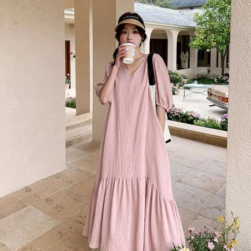 

200 New Sle Women's Summer Pink Long Dr ort Sve Bubble Sve Tight Waist Commute Sle Ciwalk Basic Model