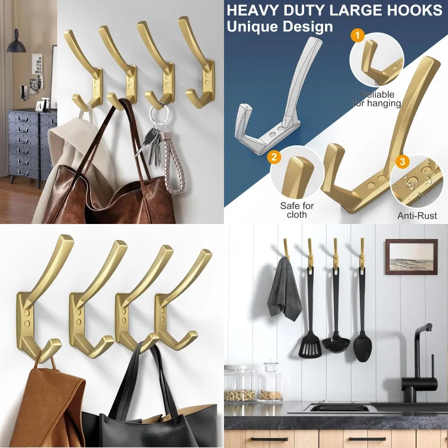 

Сверхмощные настенные крючки, большие крючки для одежды 5,7 дюйма для ванной комнаты, спальни, прихожей, кухни и более прочные полотенца с золотой отделкой и ба