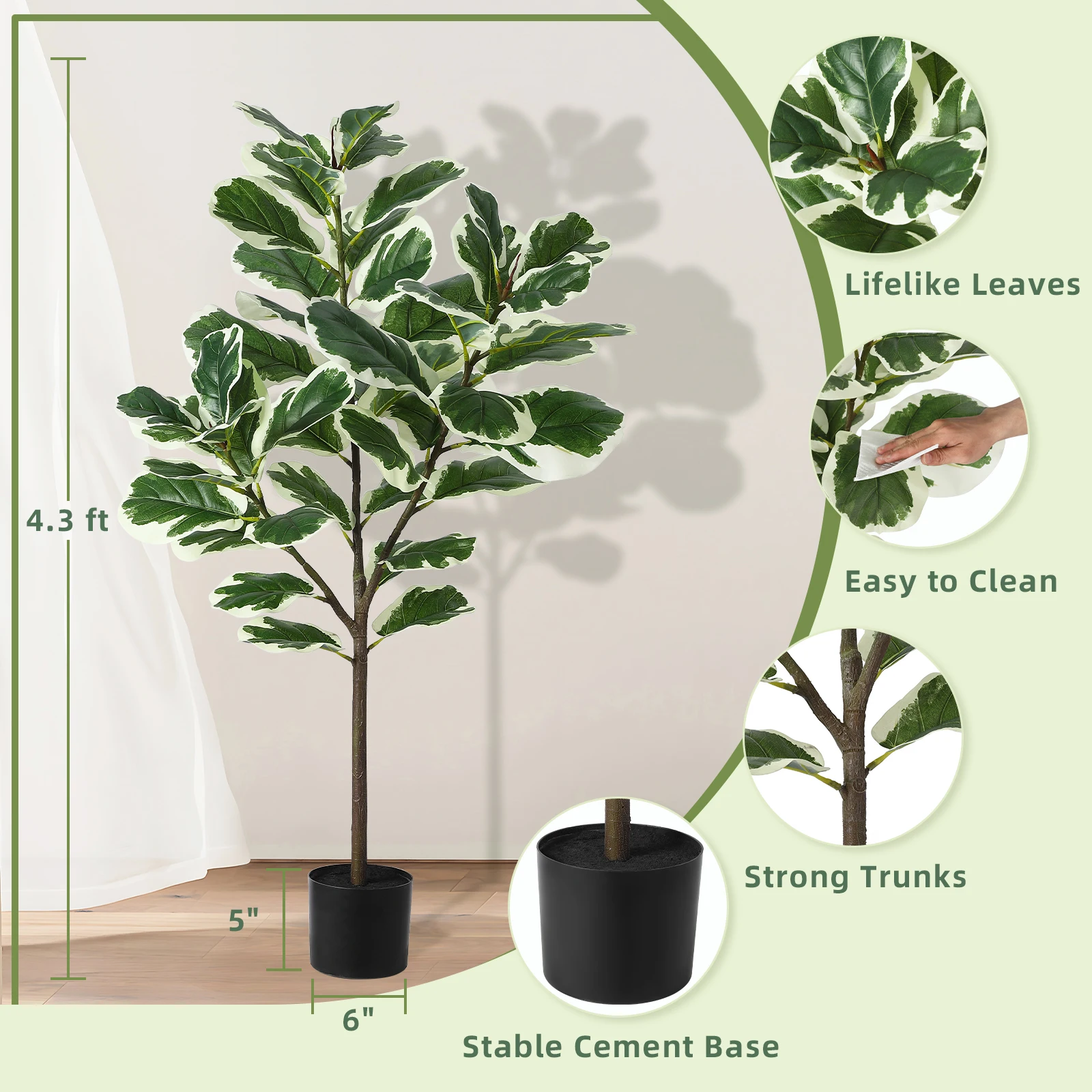 Artificial Fiddle Leaf Fig Tree, 51 Inch Faux Ficus Lyrata Plant with 46 Fiddle Leaves, Fake Floor Plant in Pot for Indoor