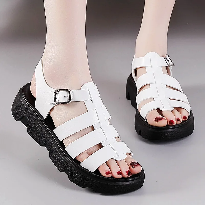 Sandals Women Leather Shoes Summer Comfortable Soft Sole Zapatos Fashion Versatile Anti Slippery Shoes 40 Sizes Outdoor 2024