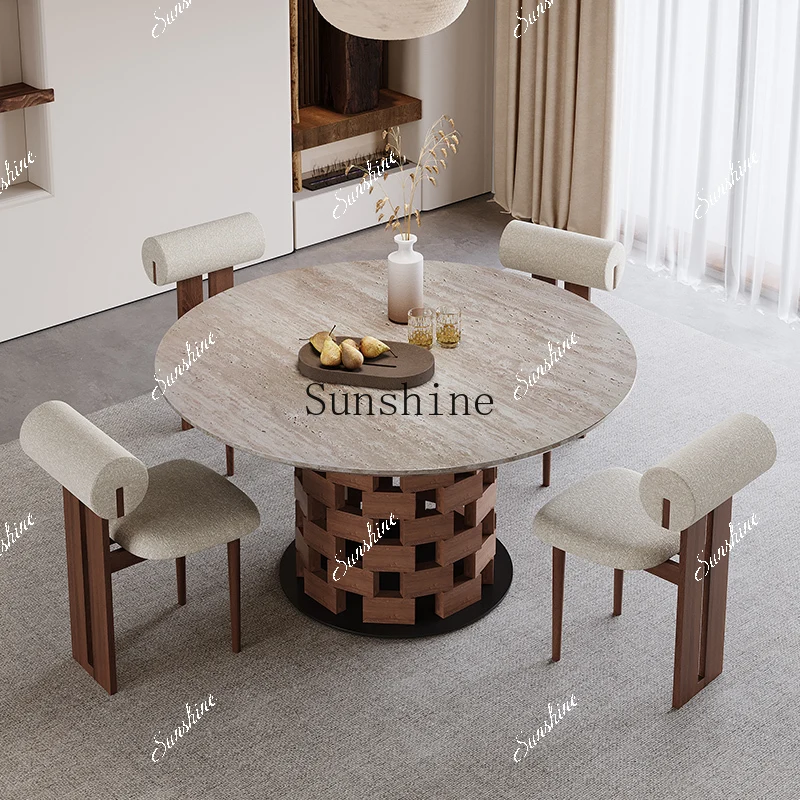 Wabi-sabi wind round dining table and chairs small apartment family living room retro light luxury marble dining table FT