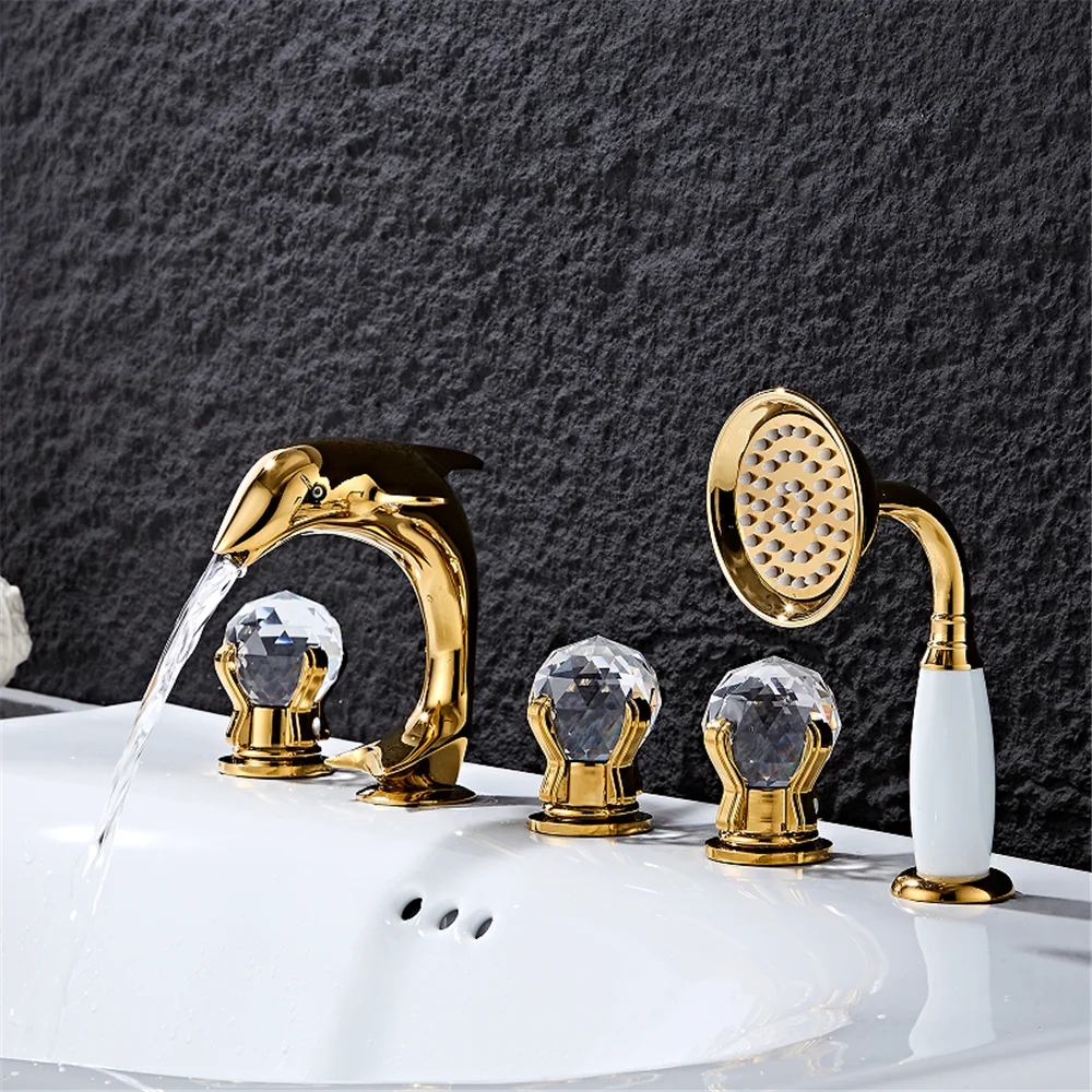 Gold Dolphin Bathtub Faucet Widespread Bathtub Sink Mixer Tap black Brass Bathroom Bath Shower Faucet with Hand shower Head