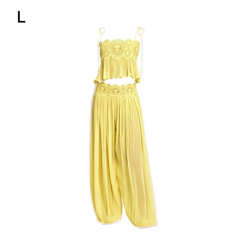 See Through Camisole Pants Sets Lace Trim Detail Wide Leg Pleated Lantern Pant High Waist Square Neck Beach Pants Sets