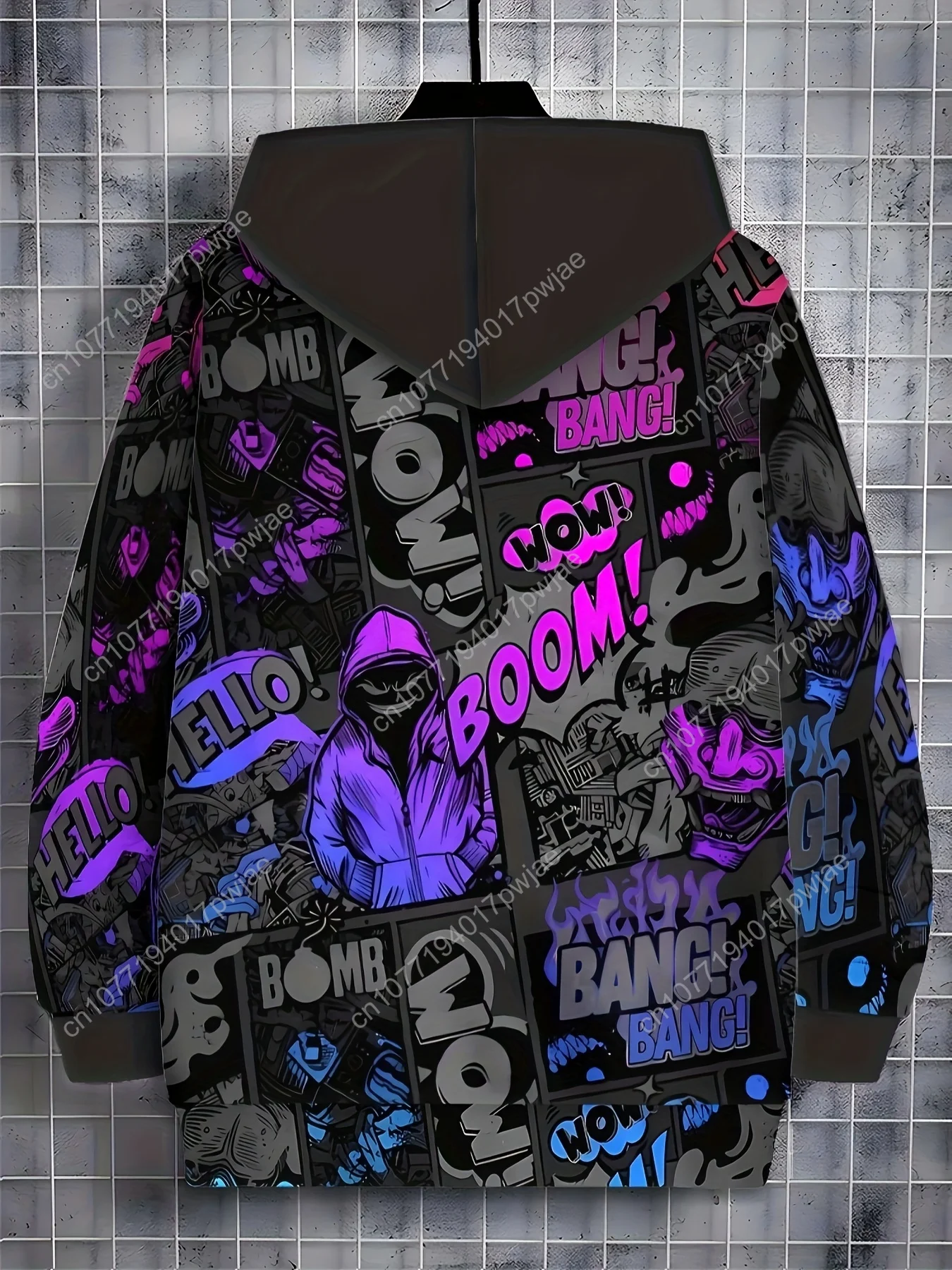 Felpa con cappuccio zip con stampa geometrica da uomo - Giacca streetwear a maniche lunghe con cappuccio e tasche con coulisse, viola vibrante e nero Art D