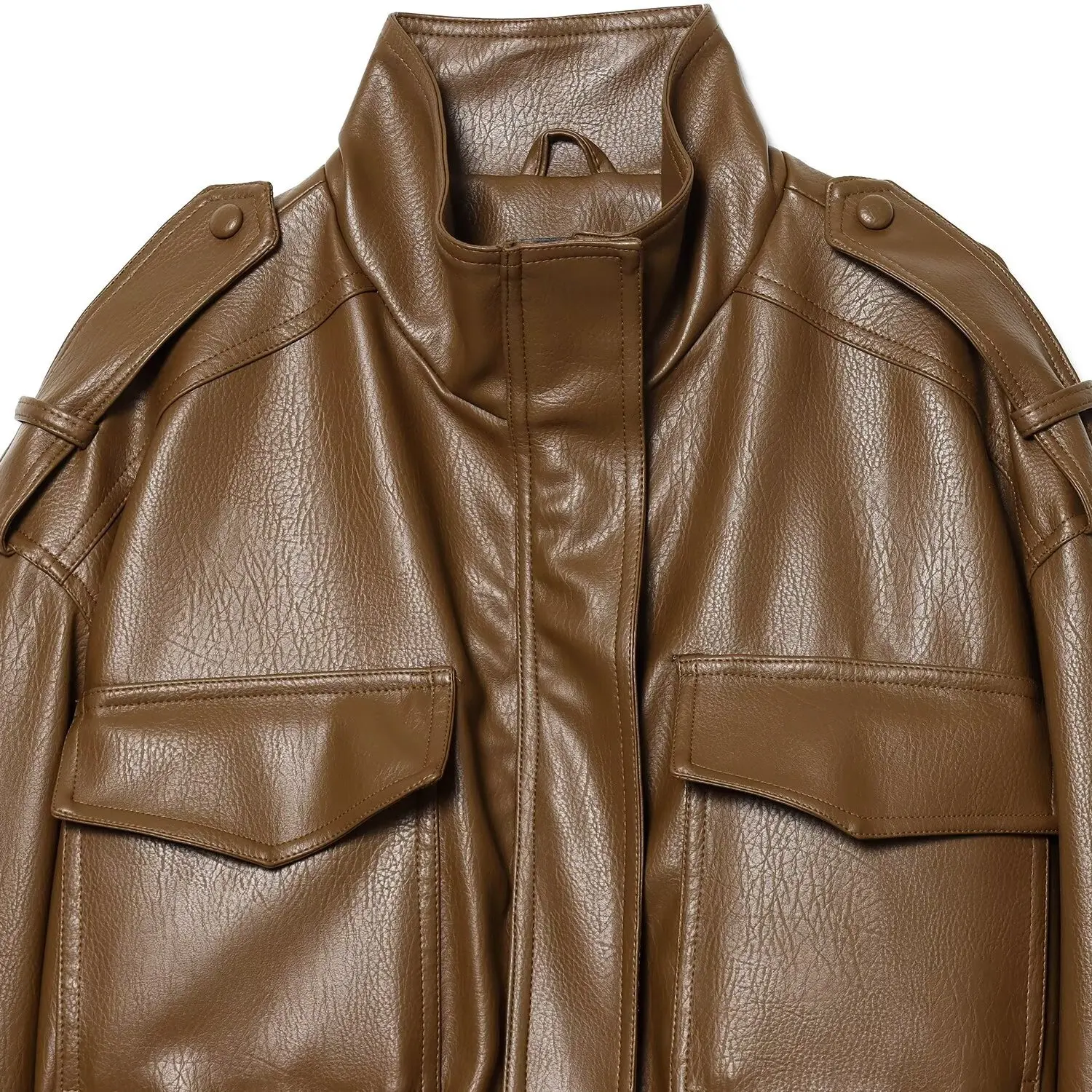 Faionable Basic PU Leather Jaet Women's Autumn Winter New Arrival Stand Collar Zipper ort Coat Simple Match All Seasons