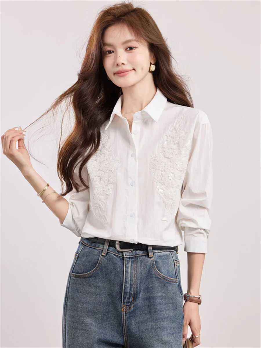 

2025 Autumn New French Style Solid Color Lapel Embroidered Sequin Long Sleeve Shirt Women's Cardigan Blouse Tops
