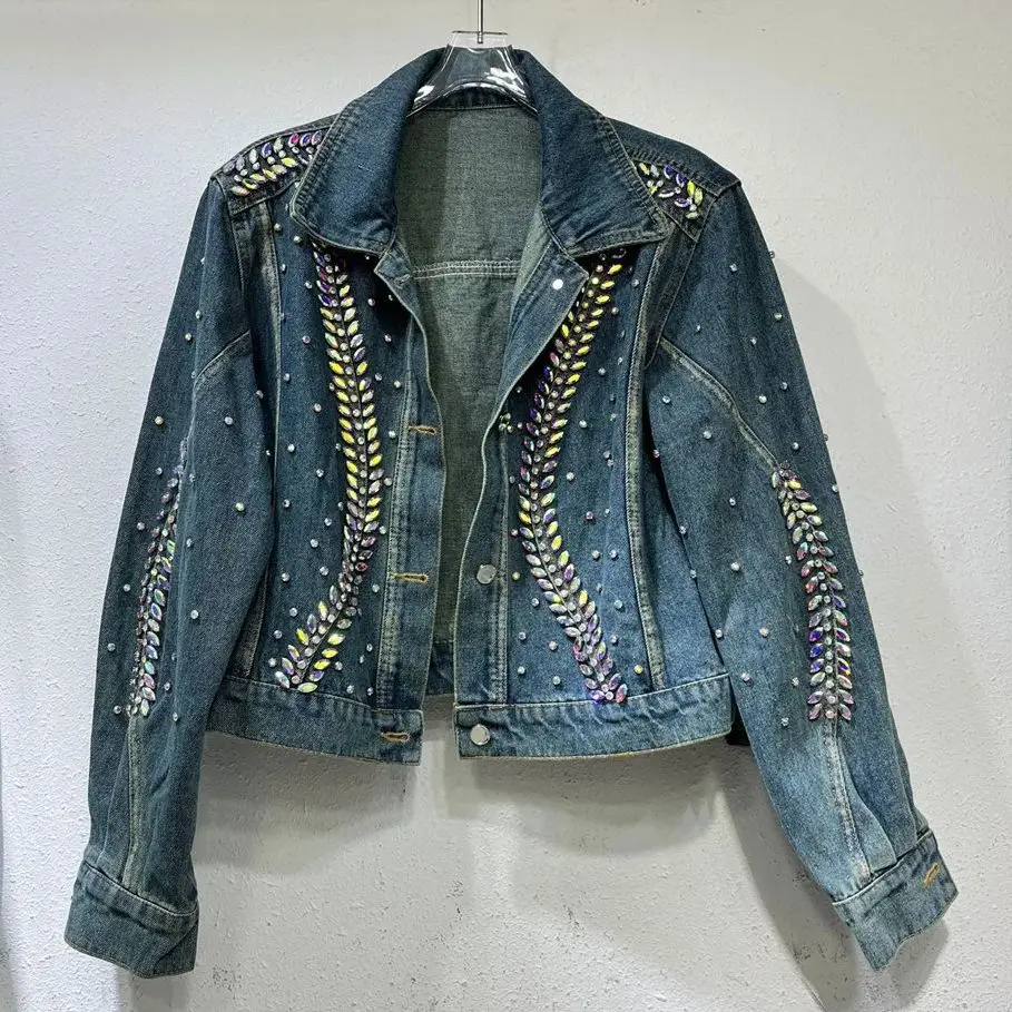 

Luxury Diamond denim jacket for women 2024 spring new loose long sleeved jacket Female Fashion denim coats Outwear Y4744