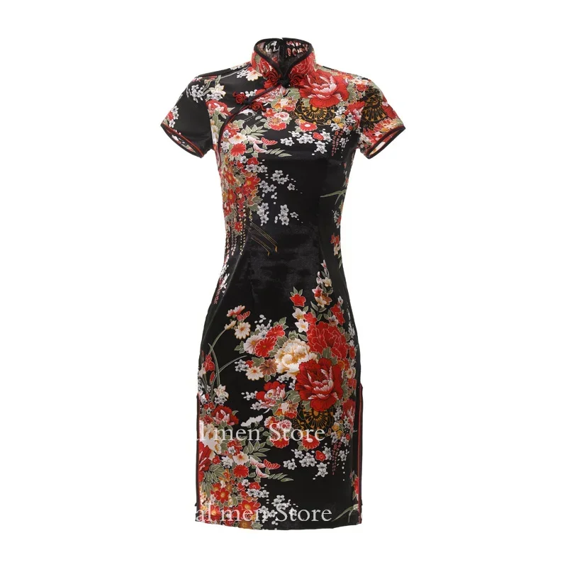 Gothic Dark Cheongsams Retro Button Down Vestidos Lady Sexy Flower Print Dress Lolita Jk Cosplay New Chinese Dresses Black Qipao