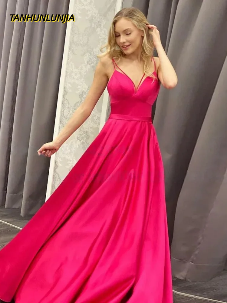 

Fuchsia Satin Long A-line Prom Dresses Spaghetti Straps Sweetheart Neck Lace Up Backless Evening Dress Party For Women