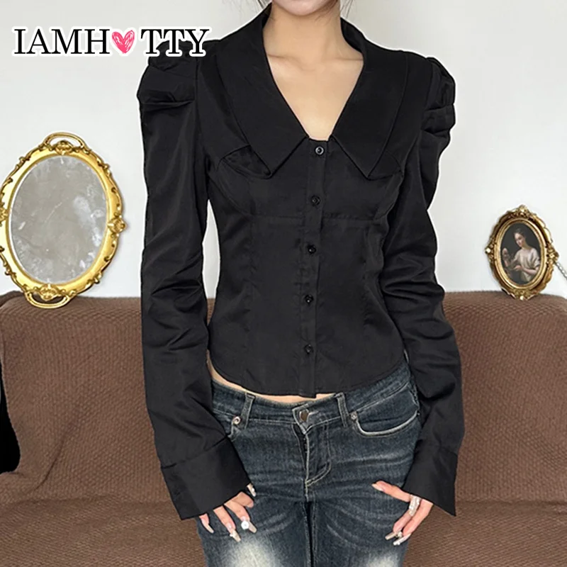 IAMHOTTY French Button-up Blouses Women's Autumn Spring Slim-fitting Long Sleeve Tops Court Style Turn-down Collar Shirts Ladies