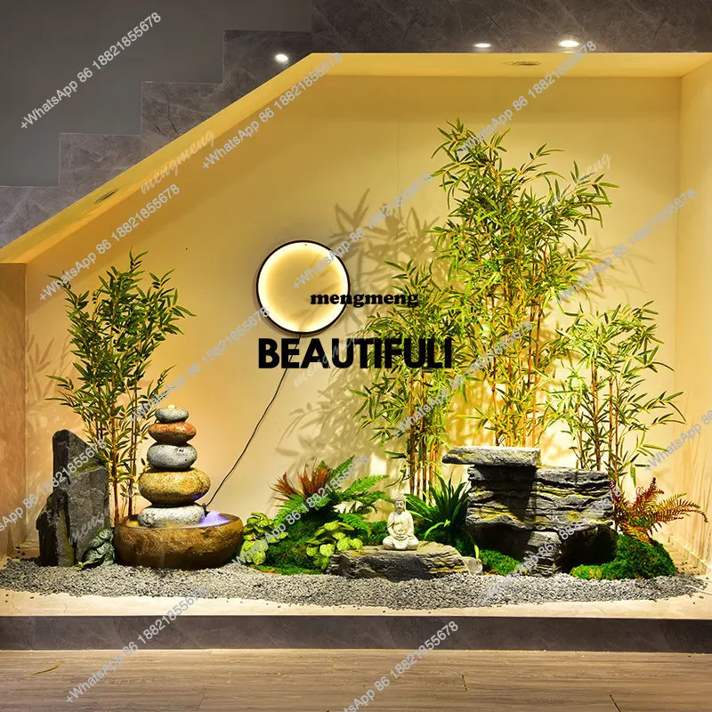 D80 circulating water landscape, rockery stone landscaping under the stairs, simulated bamboo potted plants, image wall layout