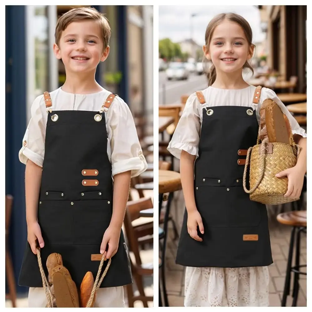Minimalist Children's Canvas Apron Lightweight Solid Color Kids Cooking Apron Stain Resistant Adjustable Kids Chef Costume