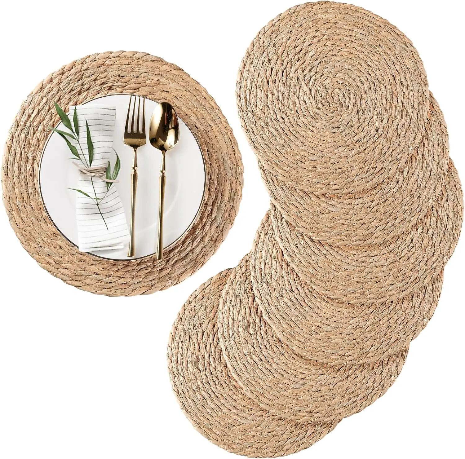 Round Woven Placemat Natural Water Hyacinth Place Mats Straw Table Mats for Dining Table Christmas Rustic Heat Resistant Pad