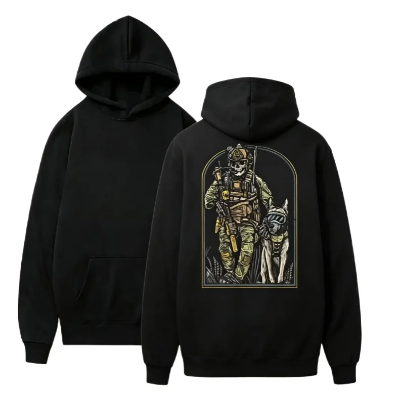 26 Men Military Style Skull Soldier Dog Graphic Hoodie Loose Streetwear Pullover Sweatshirt Casual Long Sleeve Black Hooded Tops
