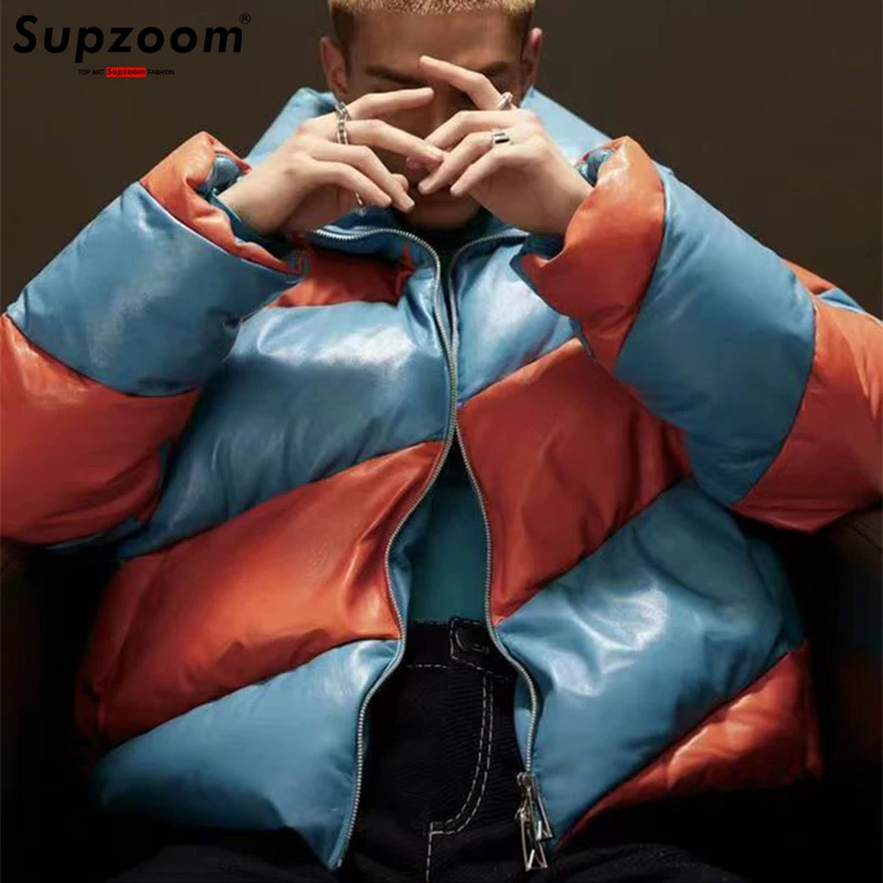 Supzoom New Arrival Top Fashion Spiral Color Matching Imitation Leather Warm Design Bread Patchwork Winter Casual Jacket Men