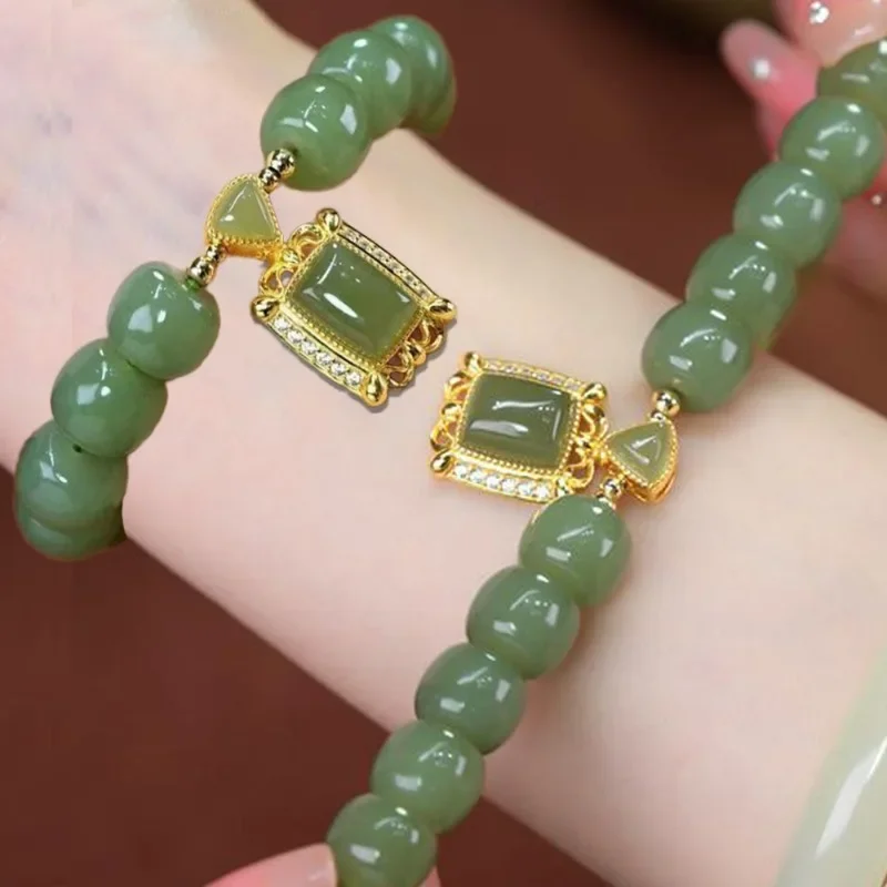 Green Imitation Jade Bracelets for Women Chinese Style Gold Rhinestone Trim Pendant Beaded Hand String Girls Luxury Jewelry Gift