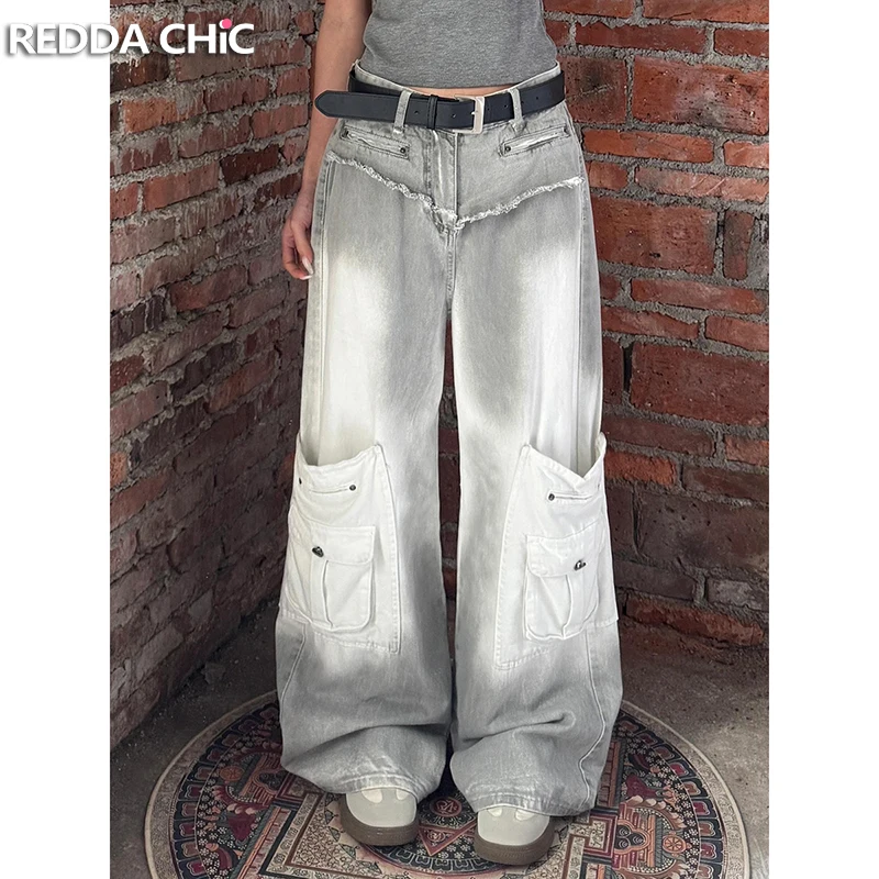 ReddaChic Celana Kargo Multi-saku Abu-abu Retro Wanita Jeans Lurus Kaki Lebar Naik Tinggi Kelim Mentah Gradien Wanita Y2k Pakaian Jalan Antik