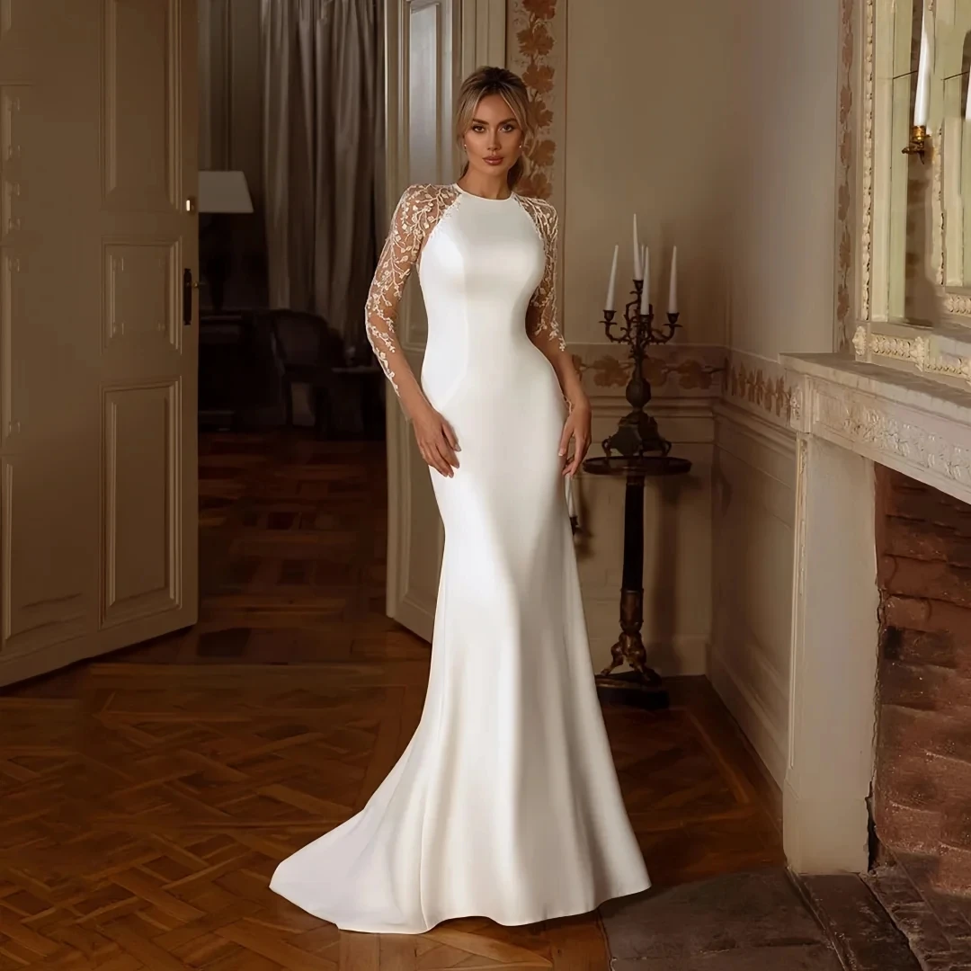 Sexy Meerjungfrau Brautkleid Sheer Neck Spitze Applikationen Illusion Tasten Zurück Satin Braut Brautkleider Vestidos De Noiva