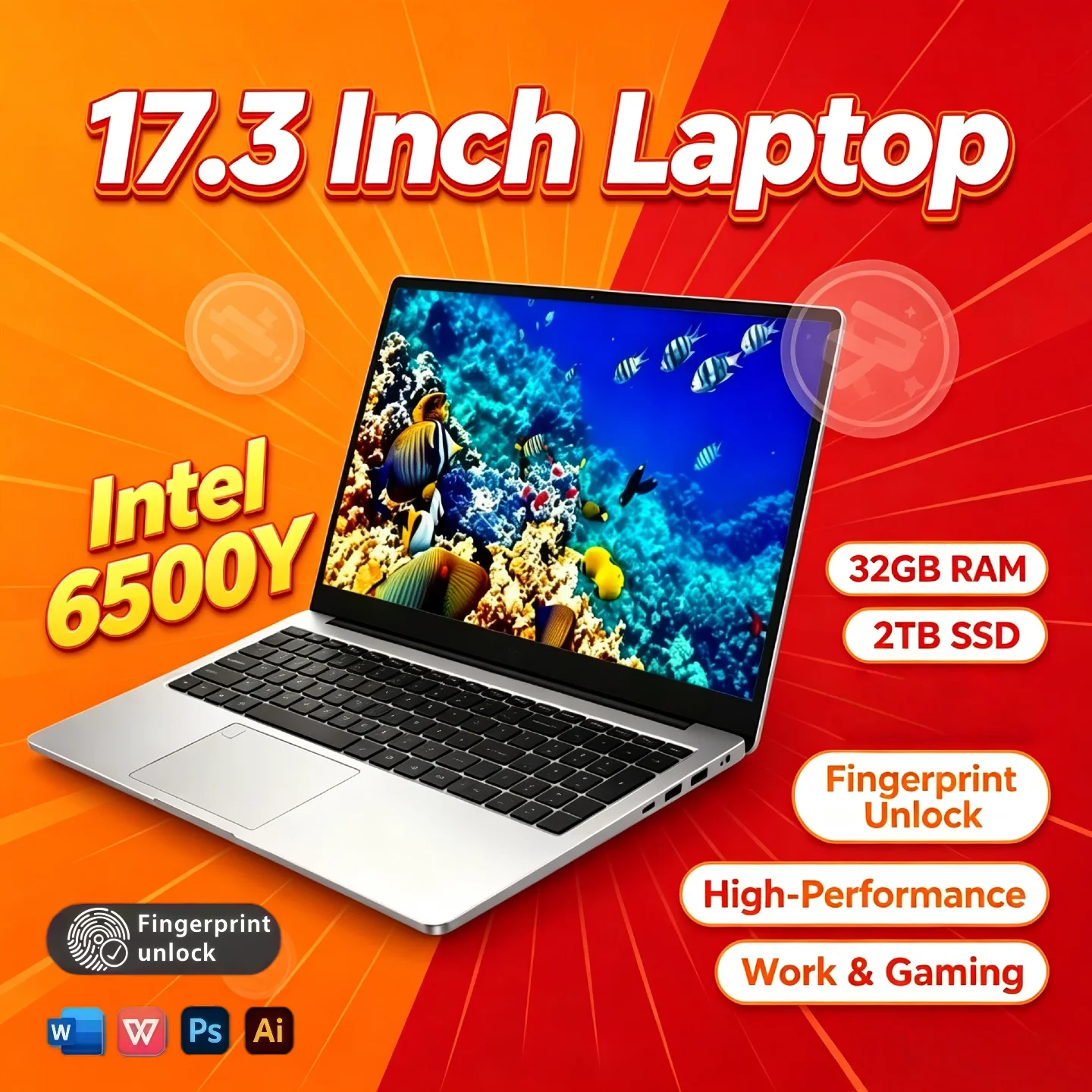 Intel 6500Y 17.3 Inch Full Size Laptop 32GB RAM 2TB SSD Fingerprint Unlock High Performance Work Gaming Notebook Pro