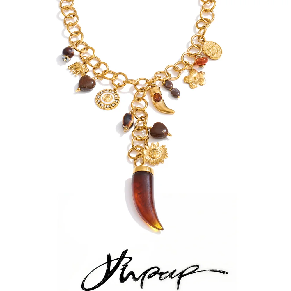 

Yhpup New Design Stainless Steel Acrylic Flower Horn Charms Pendant Statement Necklace 18K Gold PVD Plated Aesthetic Jewelry