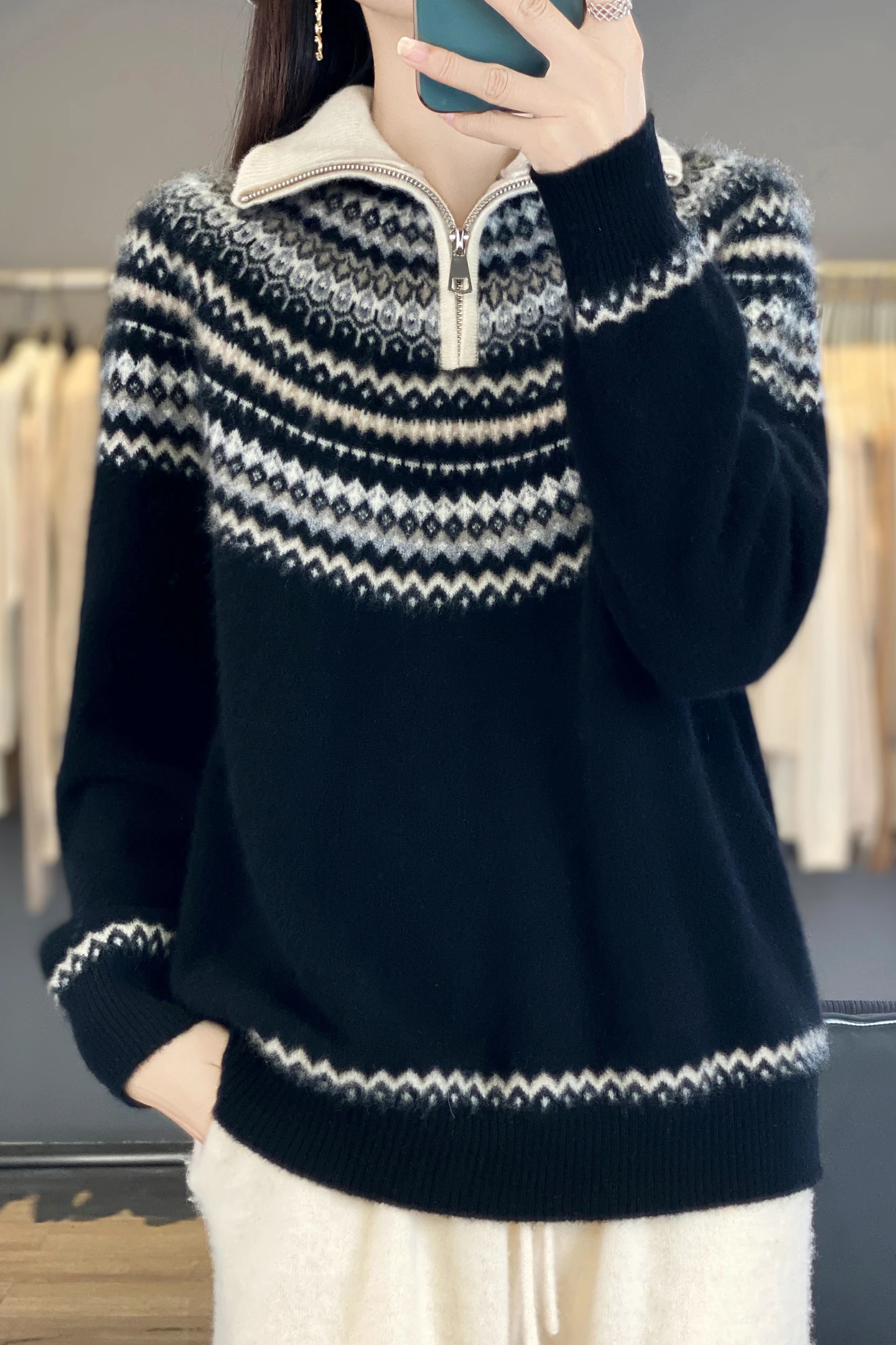 

Autumn Winter Woman Sweater Elegant Female 100% Merino Wool Knitwear Fair Isle Pullover Cashmere Lady Long Sleeve Clothing Tops