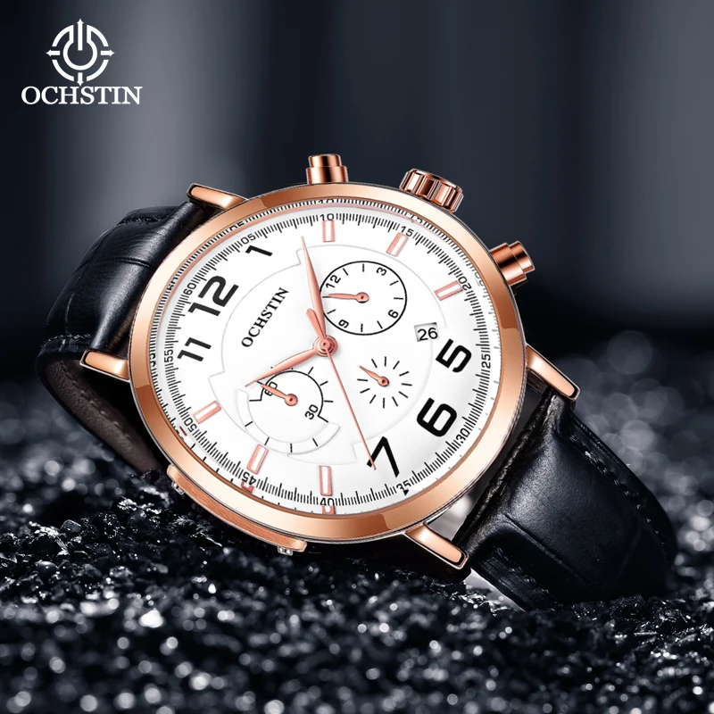 

OCHSTIN Commander Series Mens Quartz Watch Leather Strap Simple Design Hardened Glass Chronograph Calendar Quartz Watch