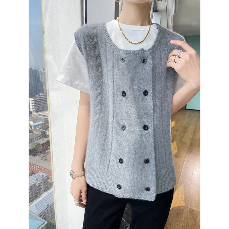 Sleeveless Round Neck Wool Cardigan Vest Women\'s Autumn And Winter solid Color Loose And Fashionable Button Knitted Sweater Top