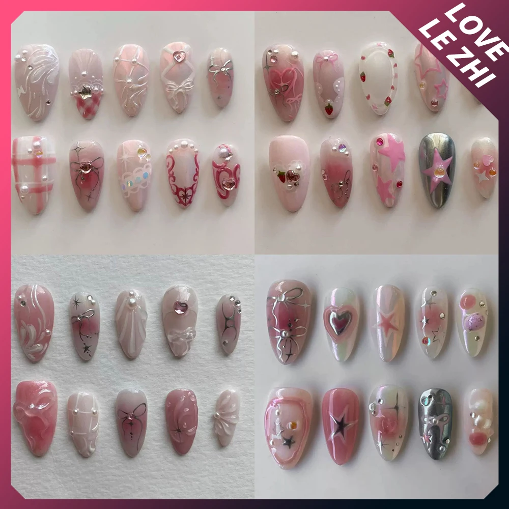 

Pink Handmade Press On Nails Full Cover Rhinestone Y2K Design Metal Five-Pointed Star Almond Manicure False Nails Tips Art