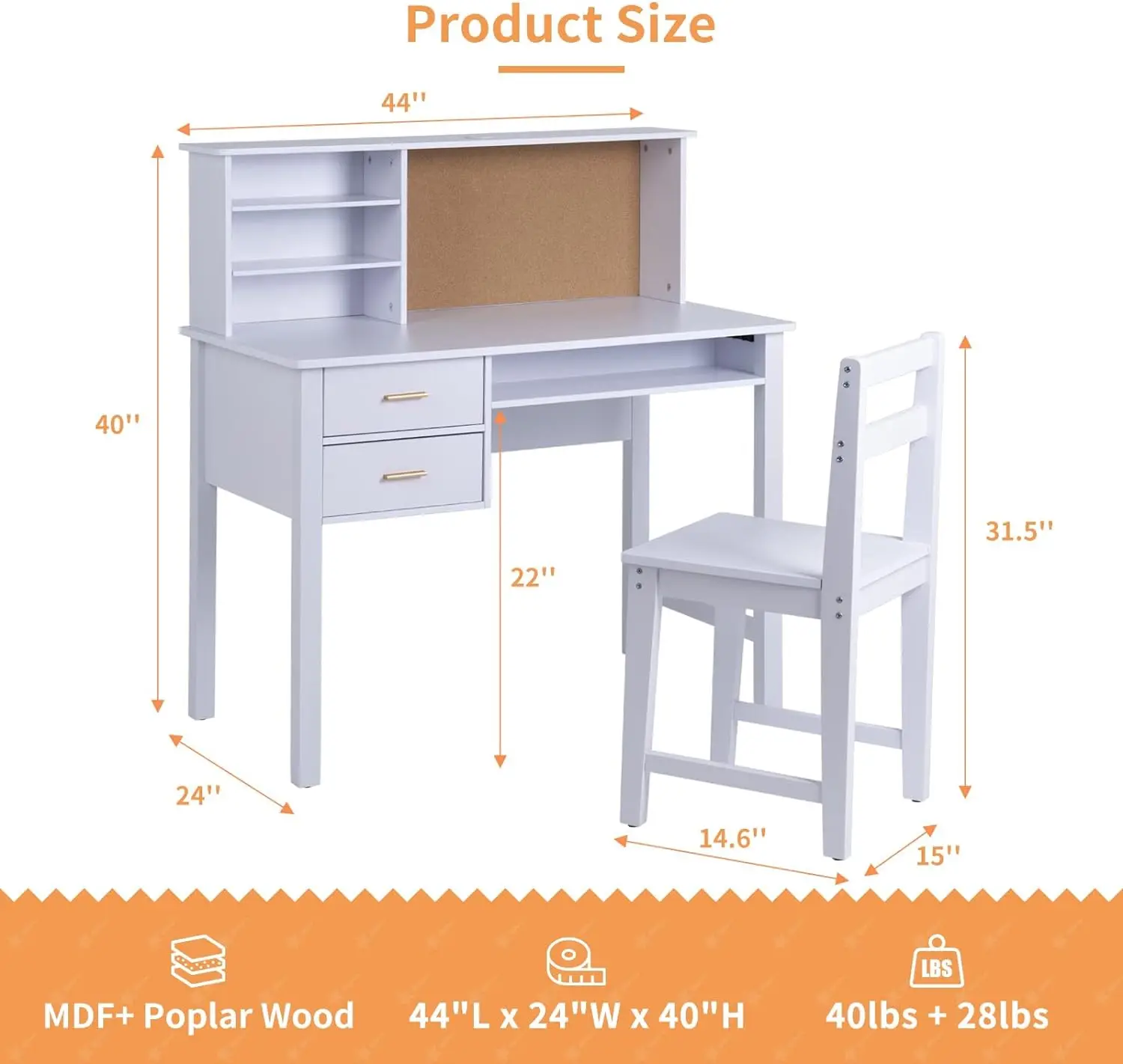 Mesa de estudio de madera para niños, juego de mesa y silla para niños con cabina/cajón y tablón de anuncios, mesa de estudio para estudiantes, computadora