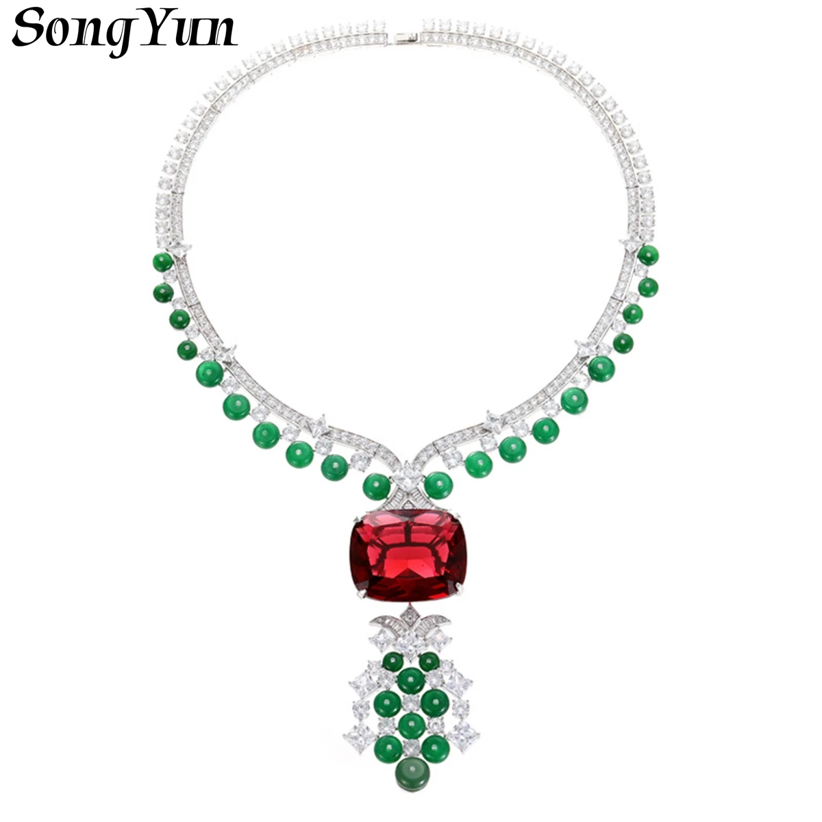 

SY Luxury Jewelry 925 Sterling Silver Necklace Fashion Evening Party Accessory Square Red Ruby Gemstones Collar Chain Necklaces