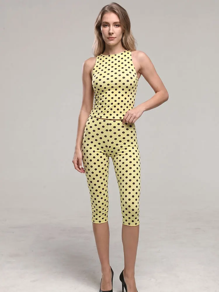 HH Damen Trendiges Schlankes Polka-Dot 2-Teiliges Set Ärmellose Weste Elastische Taille Hosenanzug für Damen Party Casual Strand Sets