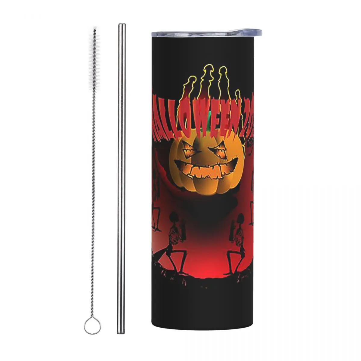 Halloween Altar Spooky Orange Pumpkin Human Skeleton Stainless Steel Tumbler Vacuum Mug Thermal Cold Bottle Straws With Lid 20oz