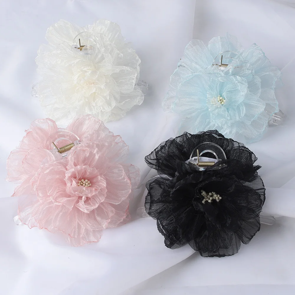 Organza Big Flower Hair Claw Clips Crab Barrettes Women Girls Transparent Ponytail Holder Hair Clamps Hair Accessories Fashion