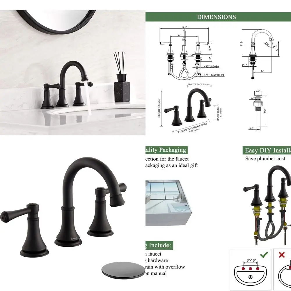 

8 Matte Black Widespread Sink Faucet with 3 Holes, 2-Handle Modern Lavatory Mixer, 360° Swivel Spout, TAF830Y-MB