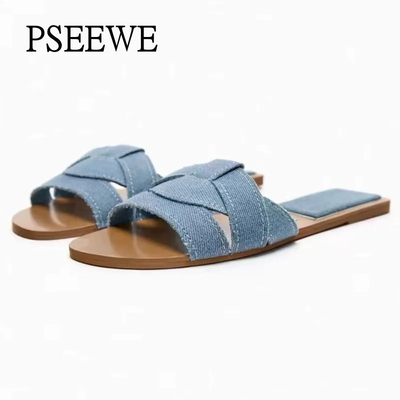 PSEEWE Blue Denim Flat Sandals Women Slippers 2024 Summer Casual Slippers Sexy Solid Outwear Slippers Female Shoes Chic Street