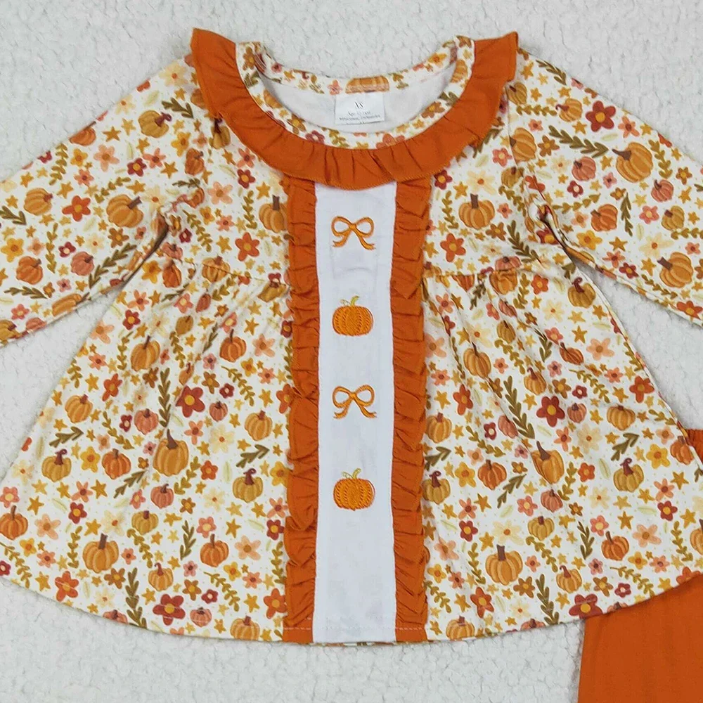 طفلة الملابس التطريز طفل الفتيات الخريف الزهور الانحناء القرع تونك كشكش السراويل مجموعات