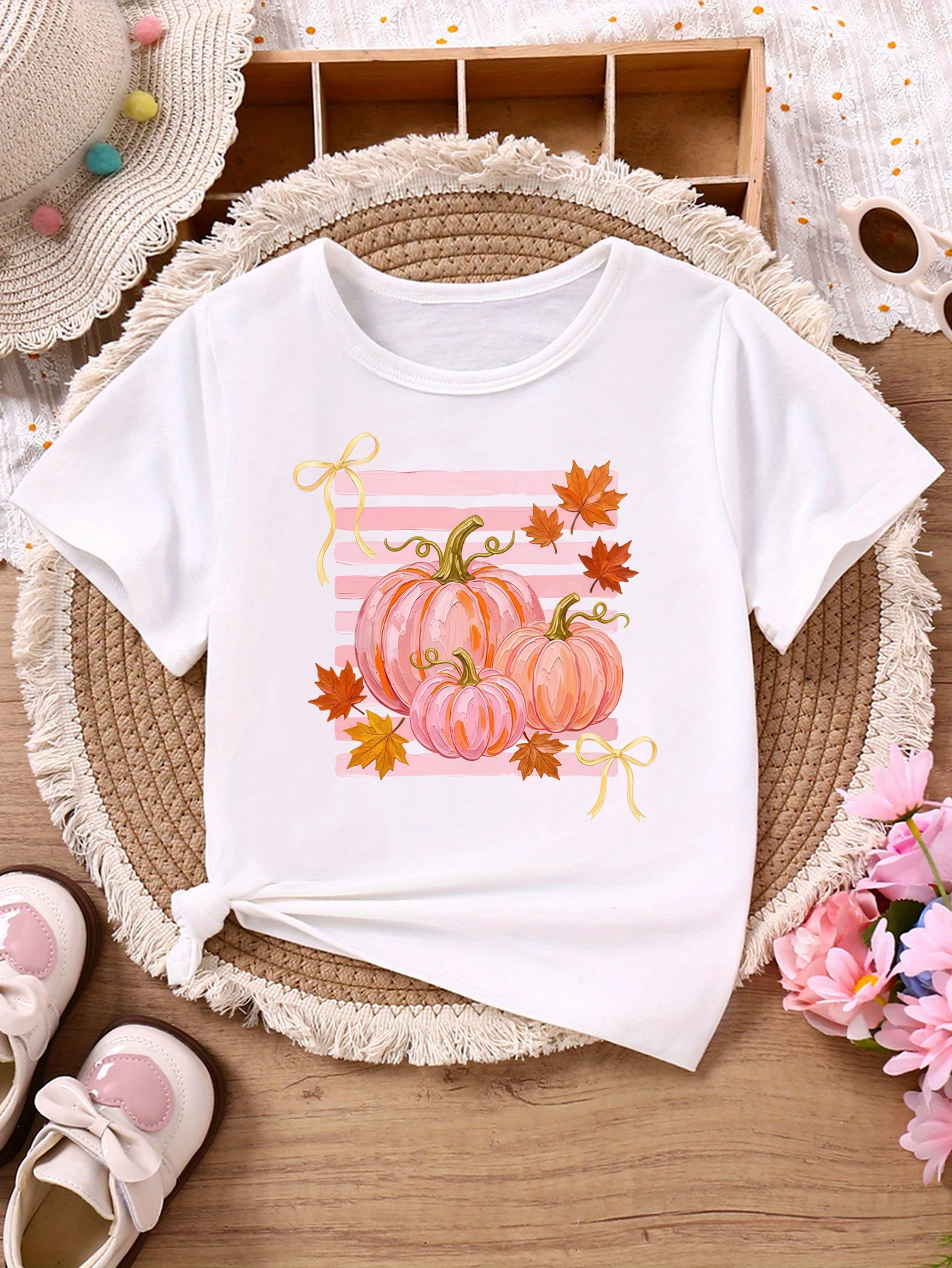 Pumpkins Fall Bow Printed T Shirt Girls Thanksgiving Gift T-Shirt Funny Kids Clothes Short Sleeve T-Shirt