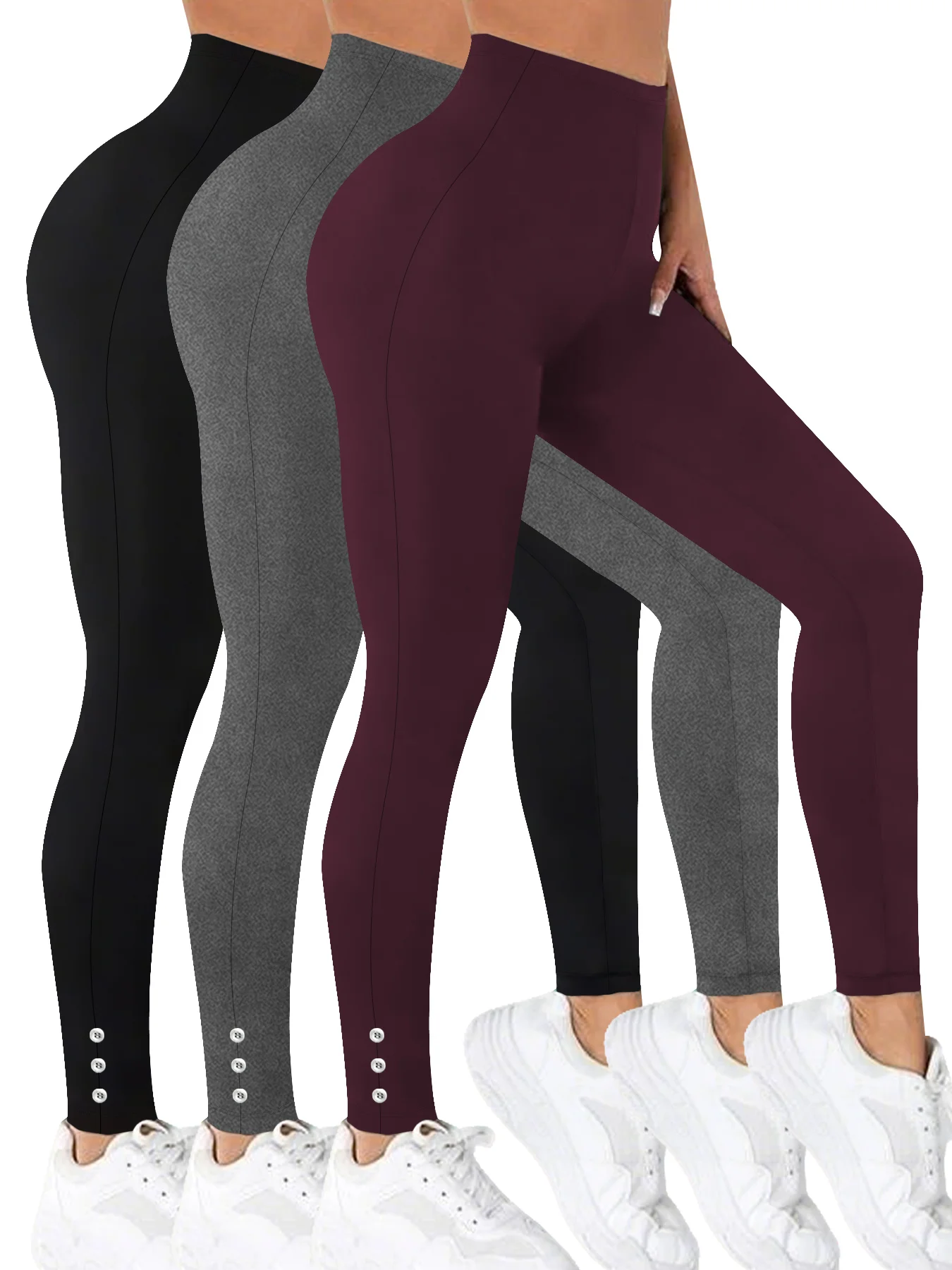 

3 Pack Women's Super Soft Leggings With Side Button Detail, High Stretch No SeeThrough Workout Running Yoga Athletic Capri