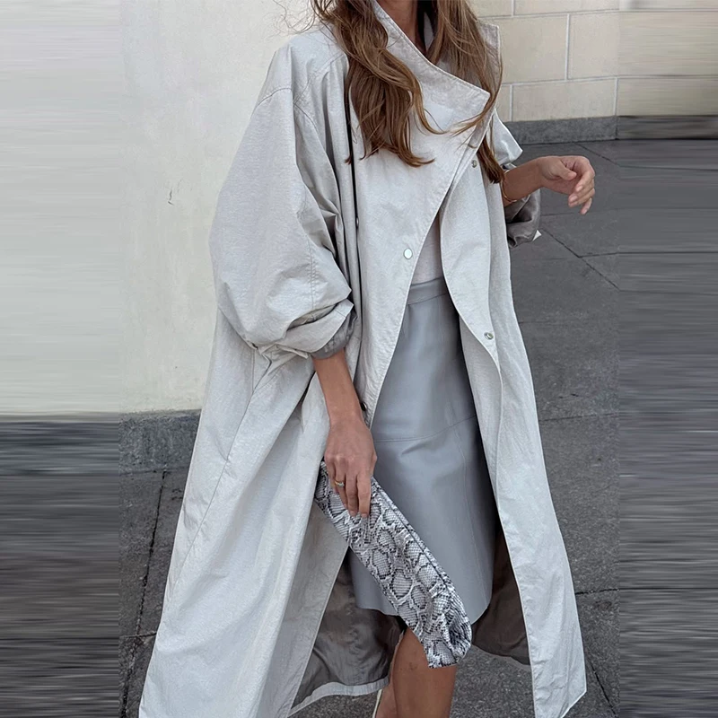 Stehkragen Langer Einfarbiger Damen-Trenchcoat Langarm Doppelreihig Locker Geschnittener Damen Frühling Herbst Mode Lässige Damenjacke 2026 – Detail 10