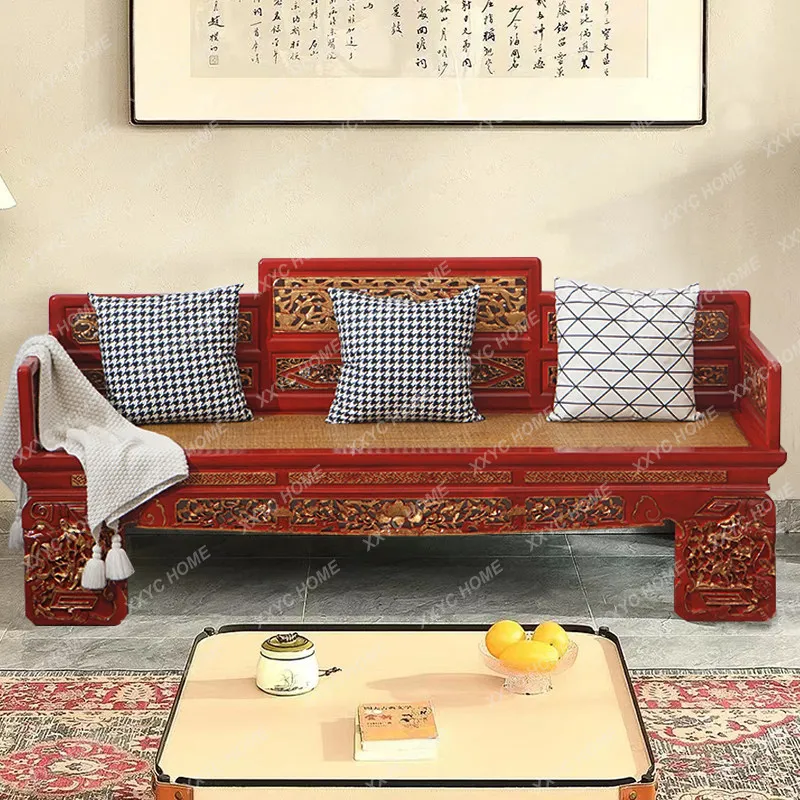 New Chinese Arhat bed Solid wood Old elm carving Gold antique retro sofa bed Living room furniture