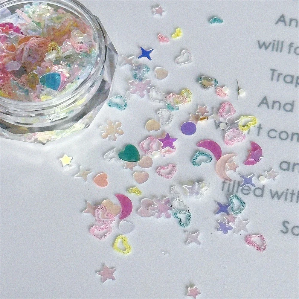 Super glanzende nail art sieraden fijne flits holle perzik hart ster nail art accessoires