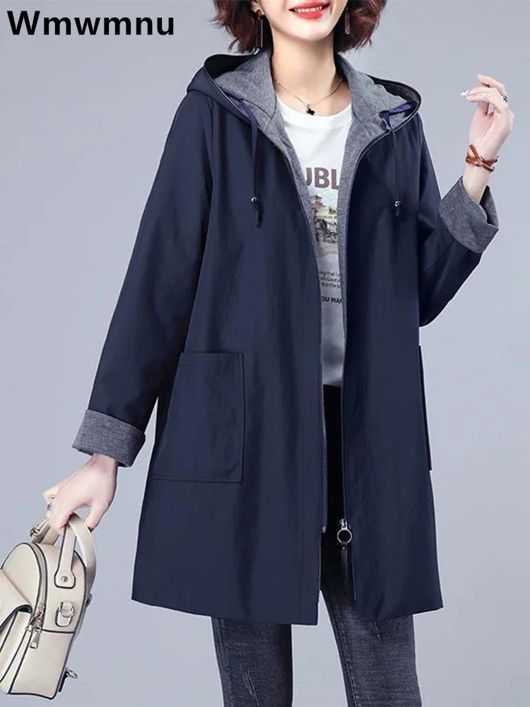 Hooded Loose Korea Gabardina Mid Length Big Size 7xl Trench Coats Casual Windbreaker Cargo Jackets New Women Fashion Abrigos