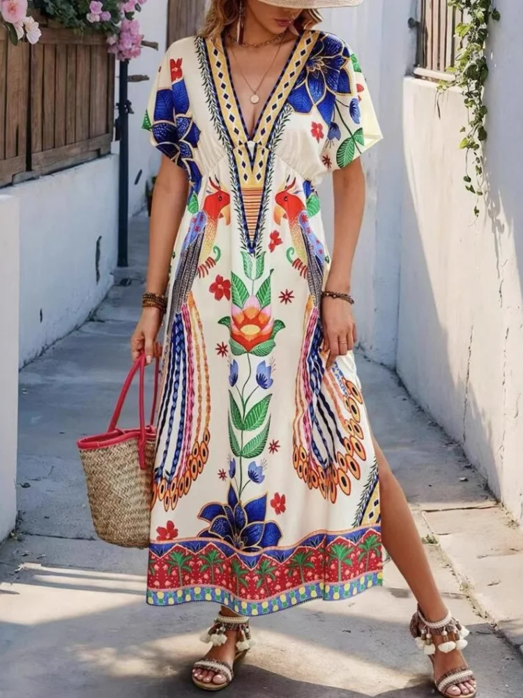 DYKR 2025 robes d'été en gros pour les femmes robes De Noche juvéniles col en v imprimé mode ample à manches courtes robe longue