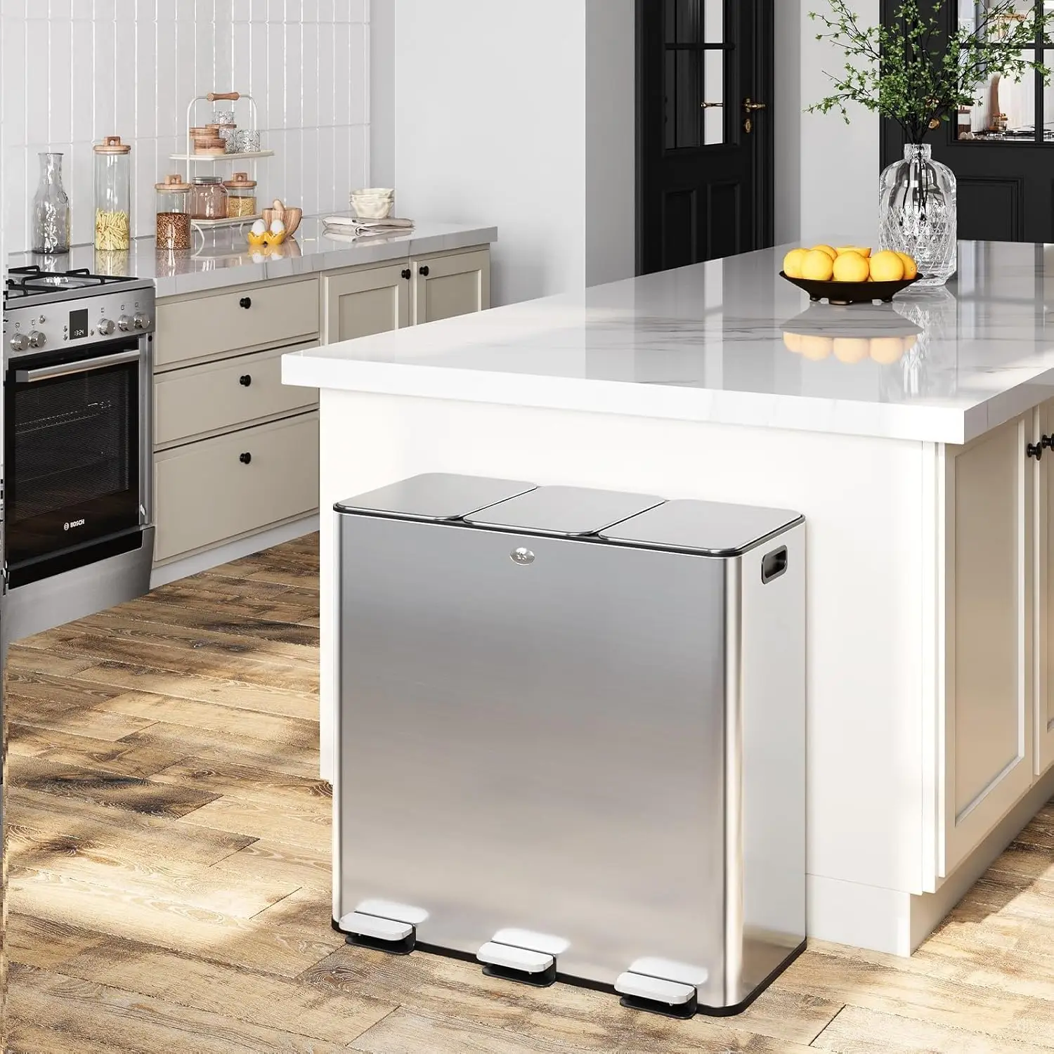 Bidone della spazzatura in acciaio inox da 90L con 3 scomparti – antiodore, chiusura ammortizzata, azionamento a pedale per cucina e ufficio – 3x30L