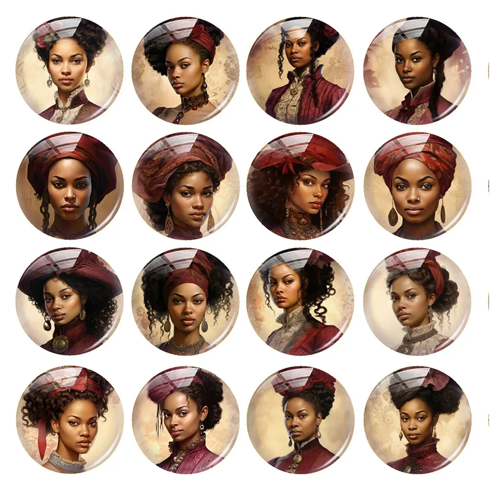 

Random Mixed Round/Oval/Square Vintage Red-toned African Woman Photo Glass Cabochon Flatback Demo Cameo For Diy Jewelry Making